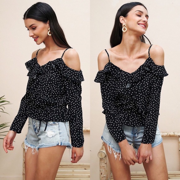 Cold Shoulder Ruffled Spaghetti Strap Dots Print Blouse - Picture 3 of 7